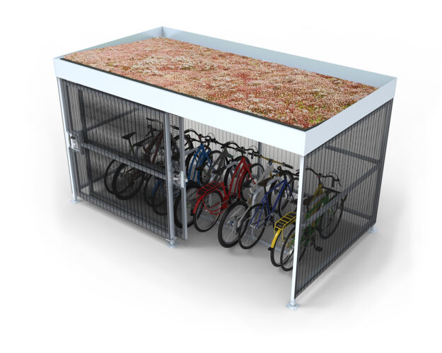 A Cyclehoop Mesh Bike shelter with sliding door and green roof