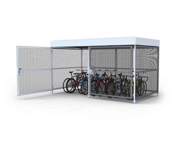 Angled view of a Cyclehoop Mesh Bike shelter with sliding door and green roof