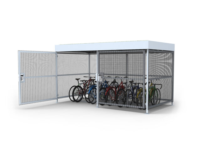 Angled view of a Cyclehoop Mesh Bike shelter with sliding door and green roof