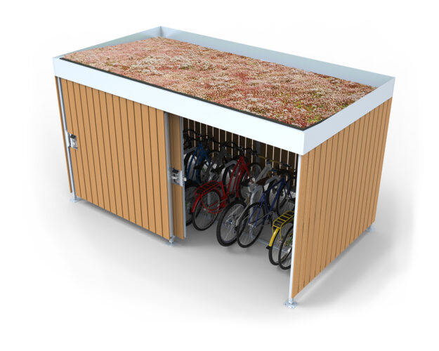A Cyclehoop Wooden Bike Shelter with sliding door and green roof