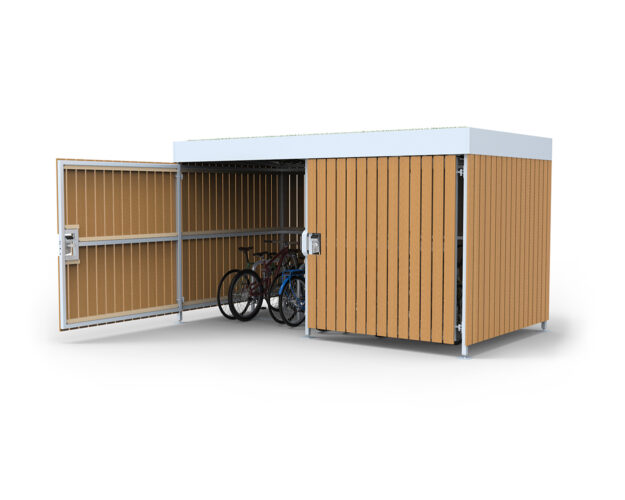 Front view of Cyclehoop Wood Bike Shelter with door open