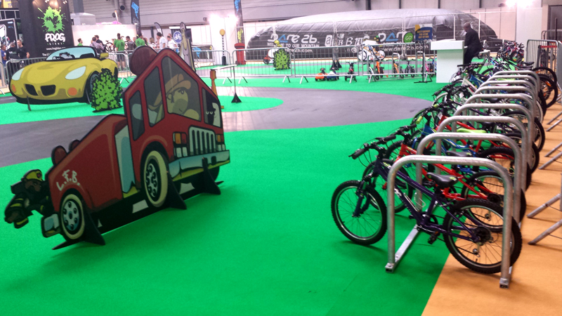 Cyclehoop temporary cycle parking on the children’s cycling track at the Cycle Show 2013 NEC Birmingham