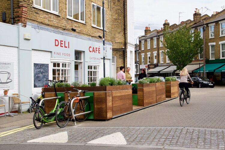 Side view of an installed Cyclehoop Parklet
