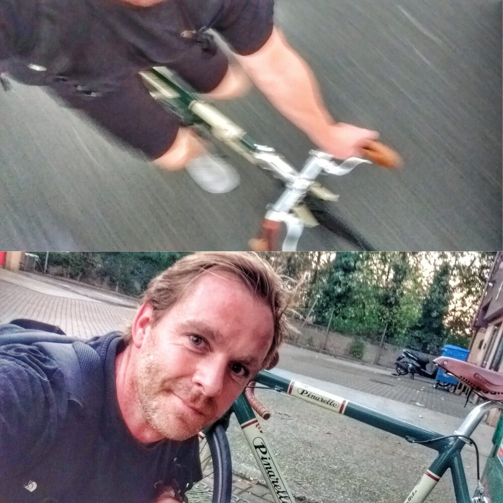 A montage of two photographs: a selfie of a man riding a bike, shot from above, and a selfie of a man crouching next to his bike.
