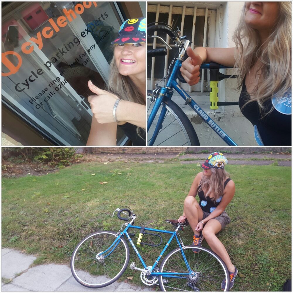 A montage showing a woman seated on the grass with her bike, giving a thumbs up while taking a selfie with her bike, and giving a thumbs up while taking a selfie outside of a window that says Cyclehoop Cycle parking experts.