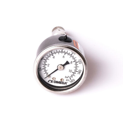 A silver pressure gauge.