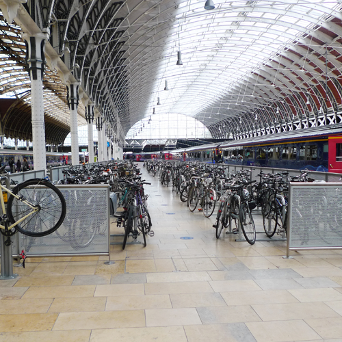 Hundreds of bikes parked inside Paddington Station.