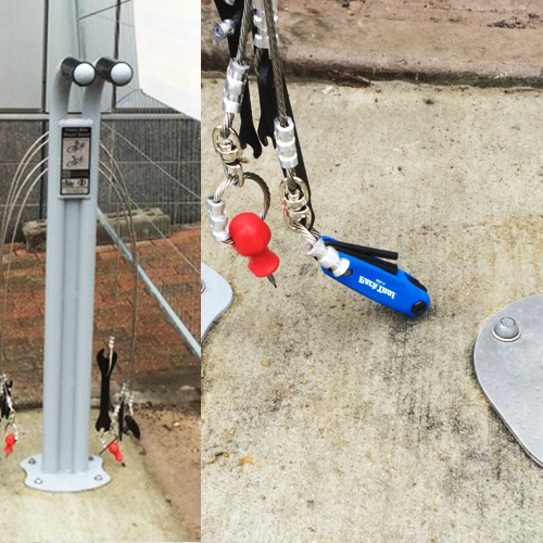 A montage showing a Public Bike Repair Stand bolted into the concrete with various tools hanging off on wire rope, and a close-up shot of those tools.