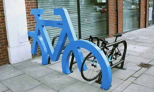 An installed blue Cyclehoop Bike Port at Croydon, Surrey