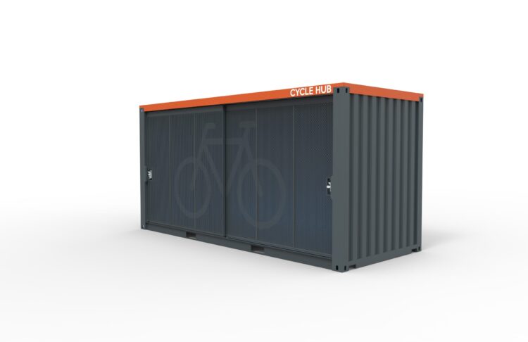 Side view of a Cyclehoop Container Cycle Hub with door closed