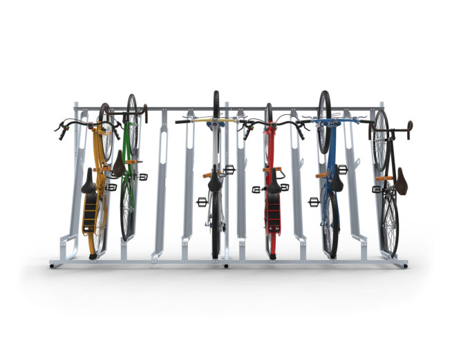 Front view of a silver Cyclehoop semi-vertical cycle rack with bicycles attached