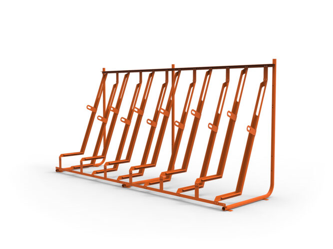 Side view of an orange Cyclehoop semi-vertical cycle rack