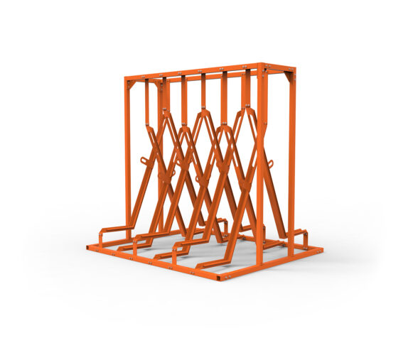 Angled view of a Cyclehoop Semi-Vertical Rack in orange