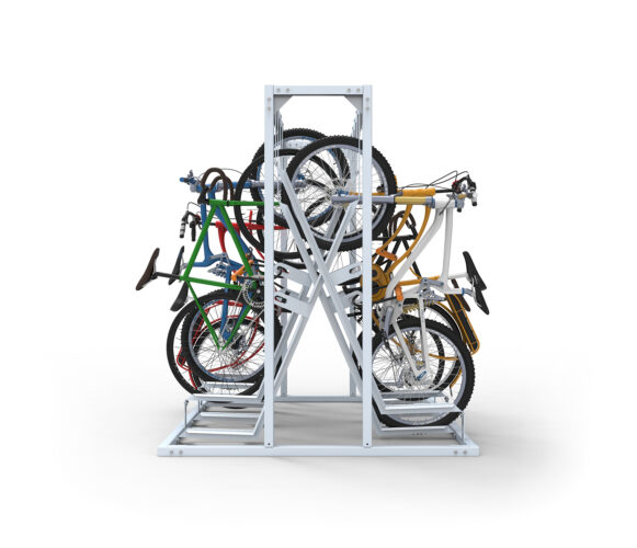 Side view of a Cyclehoop Semi-Vertical Rack with bicycles attached