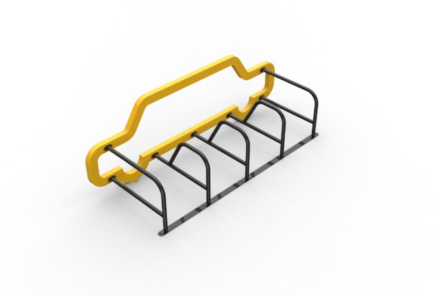 Isometric rear view of Cyclehoop Car Bike Port in yellow