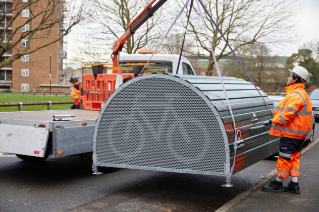 External view of a Cyclehoop Bikehangar 4.0 being installed