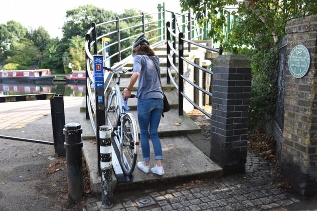 A Cyclehoop Bike Wheeling Ramp in use