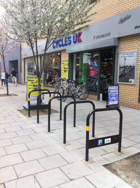 Isometric view of installed Sheffield Stand with Parking Stickers