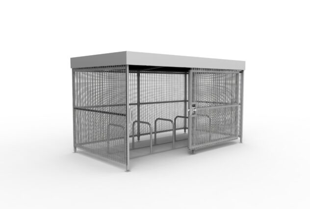 A rectangular metal Bike Storage Shelter with sliding doors and five metal bike racks inside.