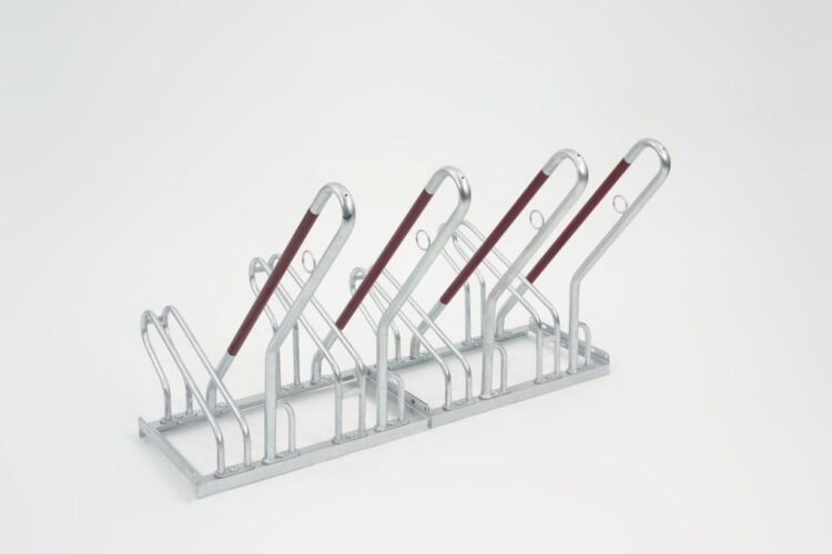 Isometric view of a silver Cyclehoop high density cycle rack