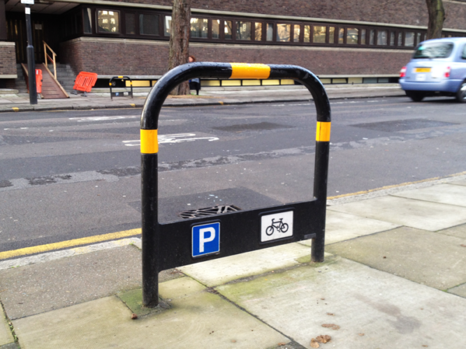 Angled view of installed Sheffield Stand with Parking Stickers