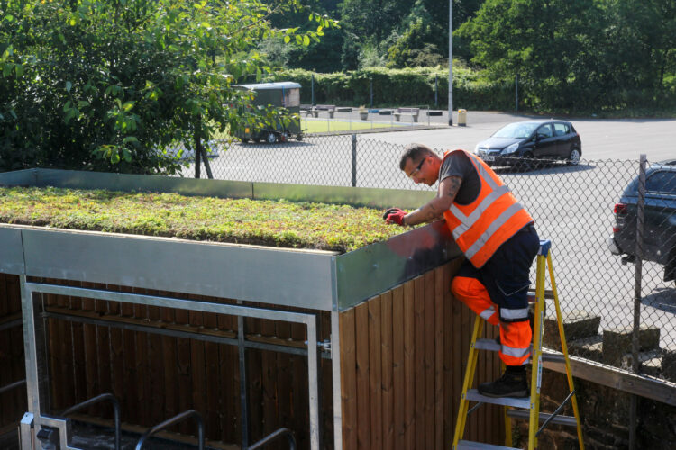 A man in high visibility safety wear and wearing goggles working on a Cyclehoop Bike Shelter Green Roof