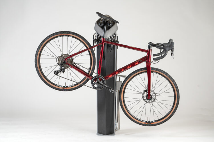 Front view of a Cyclehoop Deluxe Bike Repair Stand with bicycle attached