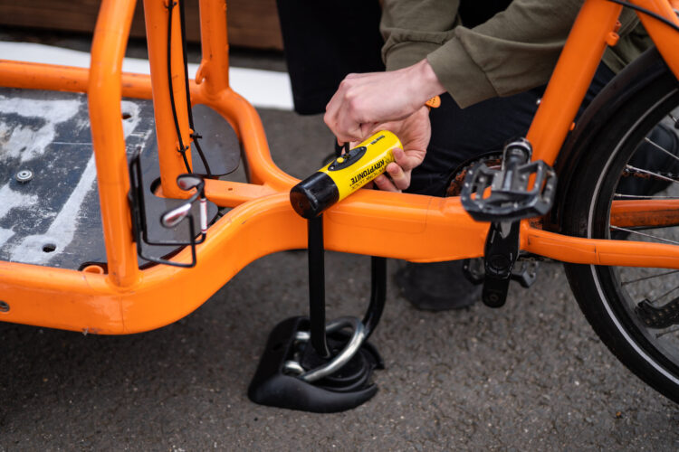 Close up of a bicycle being affixed to a D-lock