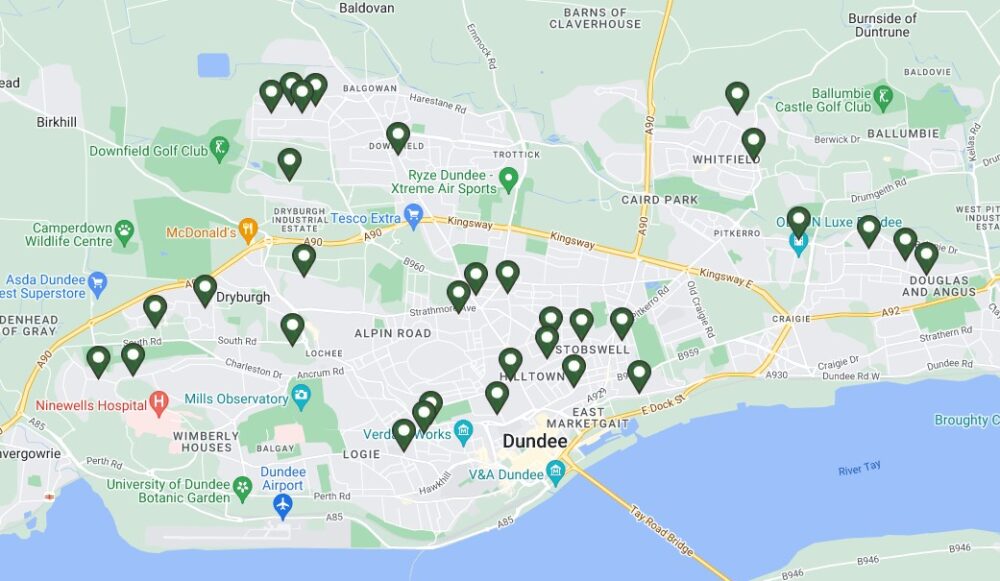 Map of Bikehangar locations in Dundee May 2023