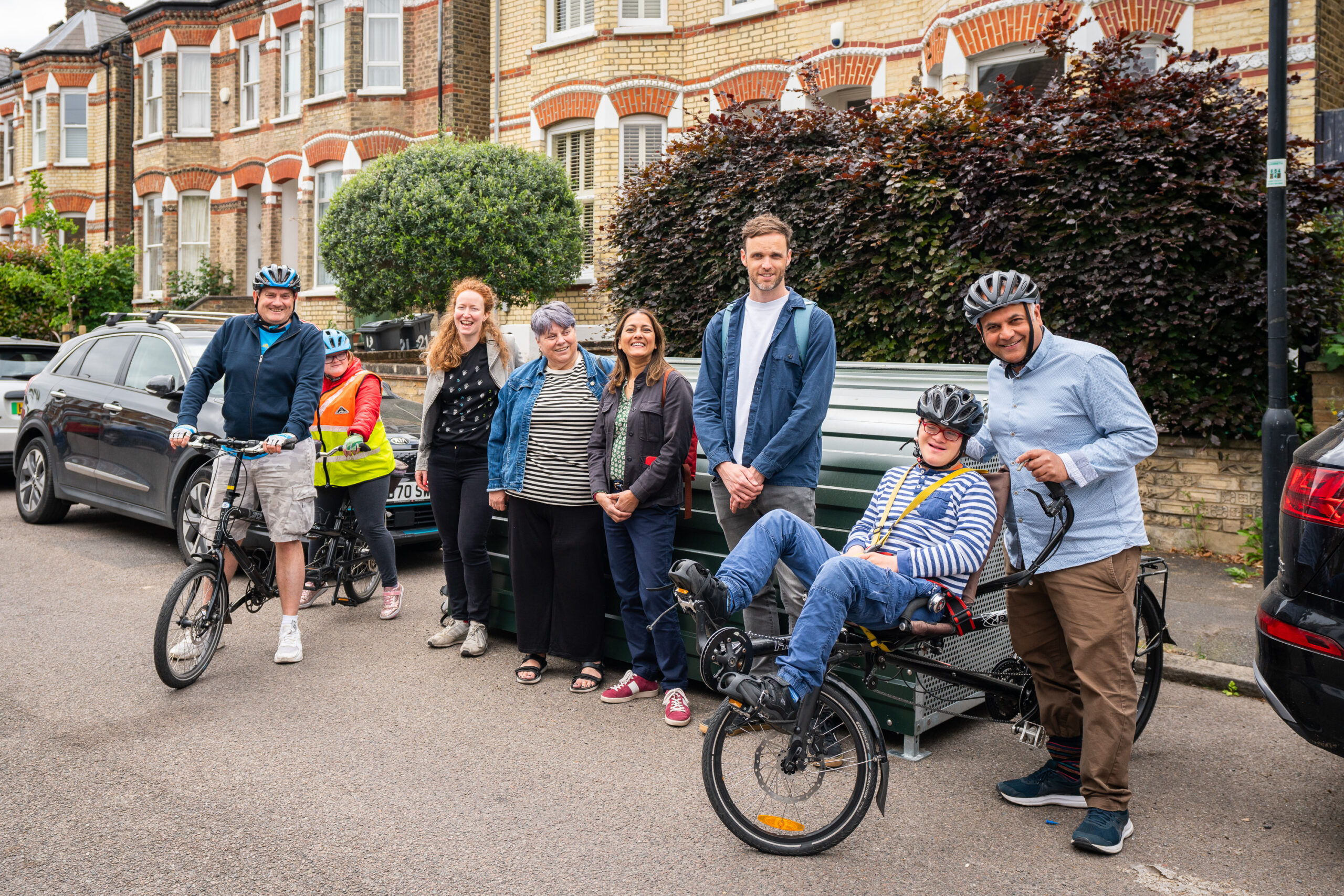 The Charles family, Cyclehoop team and Lambeth team with the adapted bikehangar